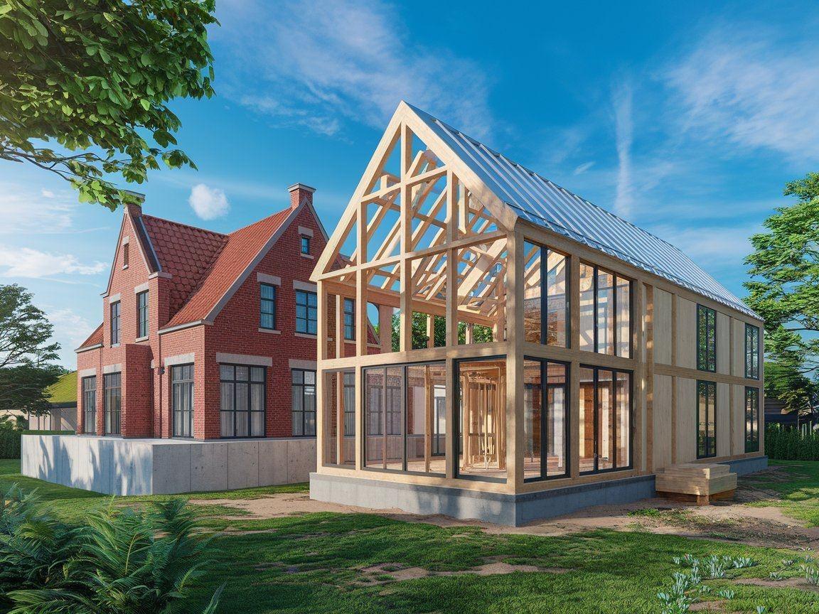 Konstrukcja szkieletowa domu z dużymi przeszkleniami