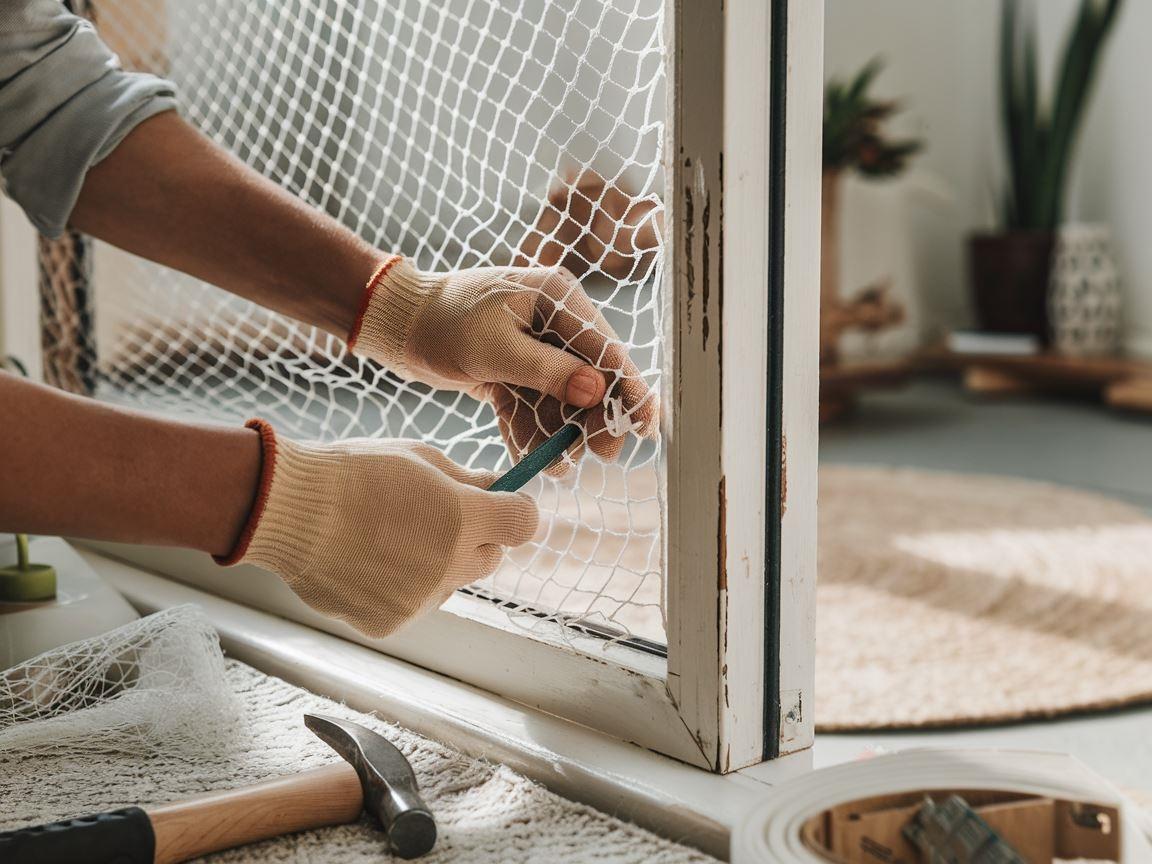 Okno z zamocowaną siatką przeciw owadom