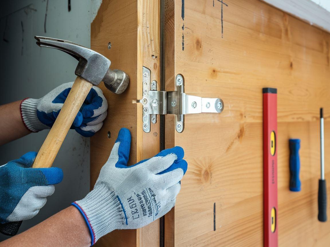 Przymierzanie zawiasów do drewnianych drzwi