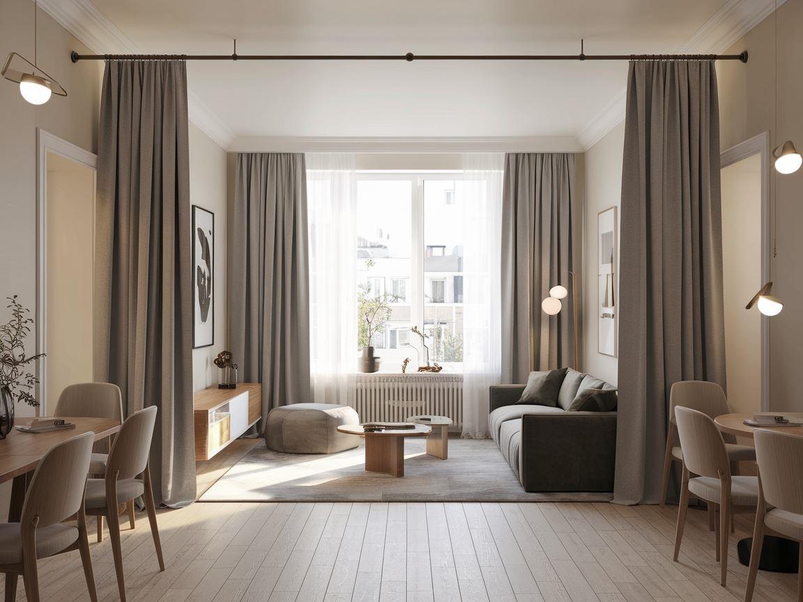 Zasłony w salonie z odpowiednią wysokością karnisza