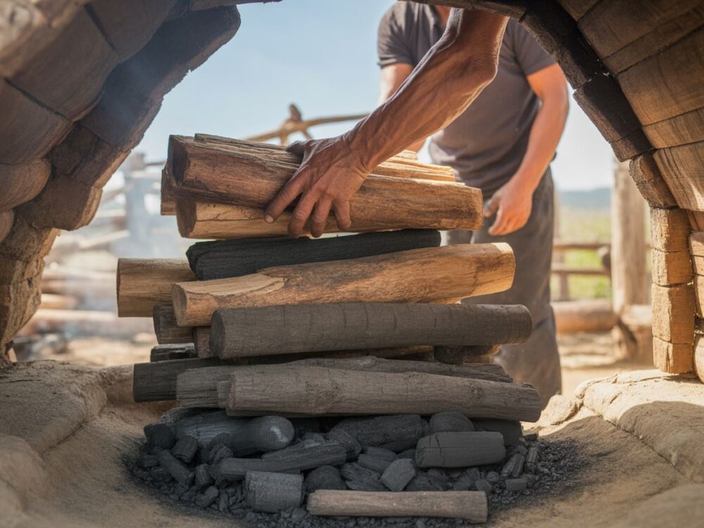 Drewniany węgiel w skrzyni