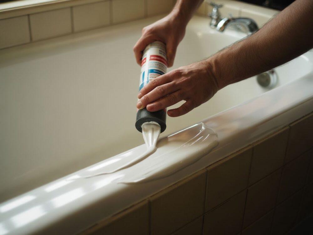 Ręce silikonujące wannę